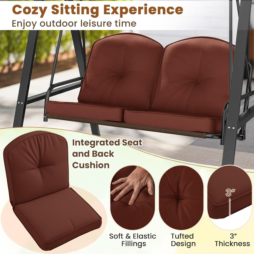 Tangkula 2 Person Porch Swing, Patio Swing with Adjustable Canopy, Heavy-Duty Metal Frame & Soft Cushion, Outdoor Swing for Backyard, Garden (Brown)