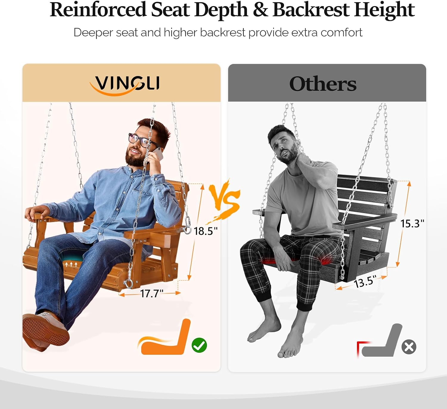 VINGLI Heavy Duty 440 LBS 1-Person Wooden Patio Porch Swing with Deeper Seat & Higher Backrest & Extra Cup Holder for Adults & Kids, Outdoor Single Porch Swing for Porch, Yard, Balcony, Tree (Brown)