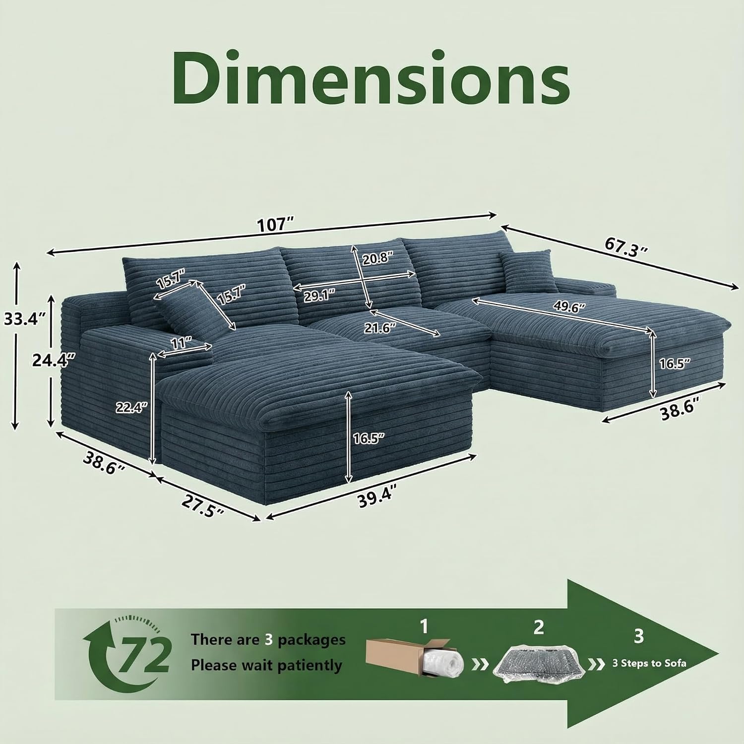107' Cloud Couch Modular Sectional Sofa for Living Room, U-Shape Boneless Couch with Deep Seat, Modern Corduroy 3-Seater with Ottoman, No Assembly Required (Blue,Right-Facing Chaise)