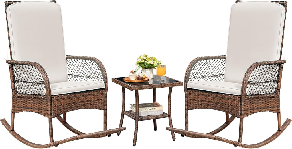 Devoko Outdoor Rocking Chairs 3 Piece Patio Furniture Set with Side Table & Cushions, Wicker Porch Rocker Bistro Set High Back for Balcony, Backyard, Garden (Beige)