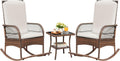 Devoko Outdoor Rocking Chairs 3 Piece Patio Furniture Set with Side Table & Cushions, Wicker Porch Rocker Bistro Set High Back for Balcony, Backyard, Garden (Beige)