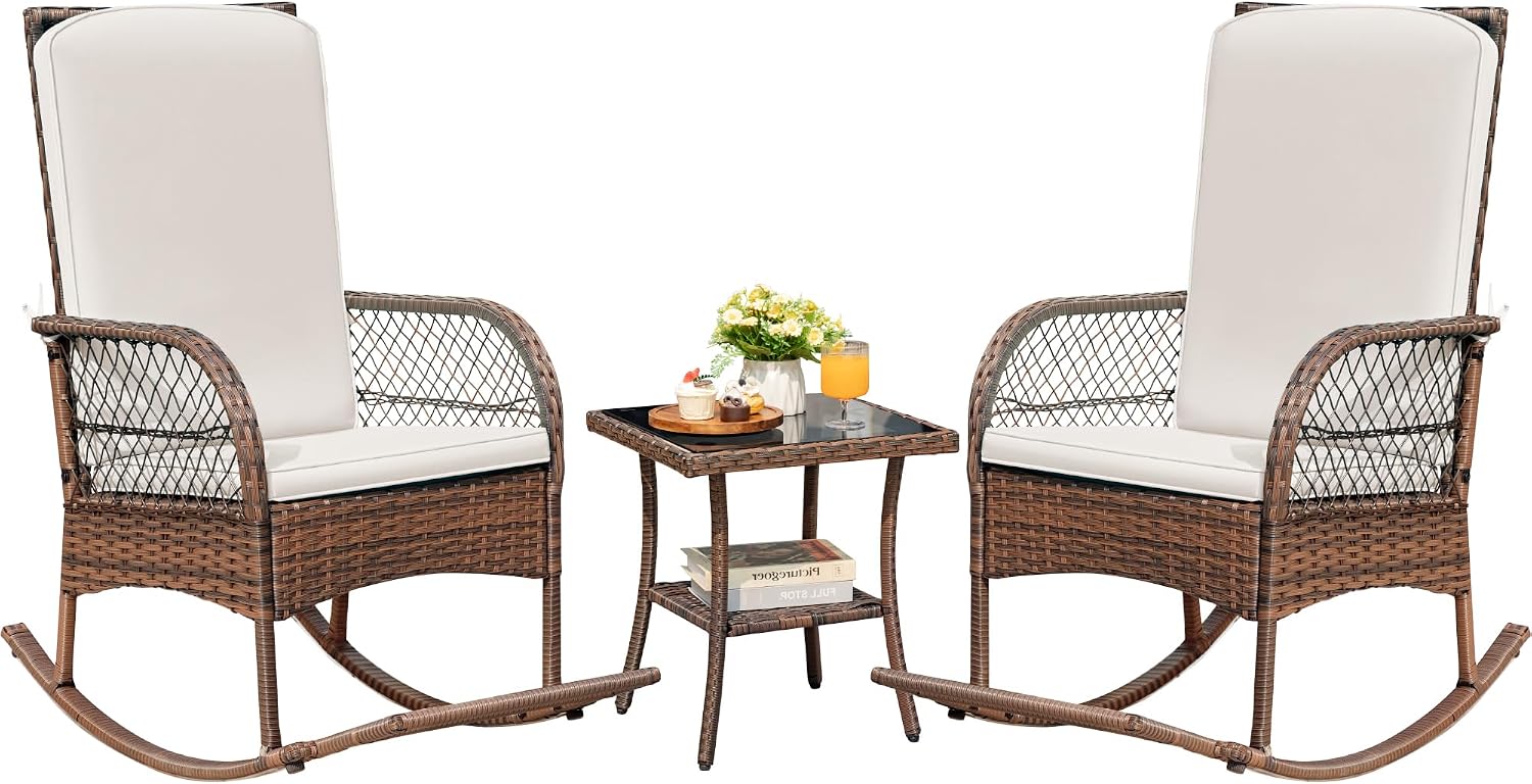 Devoko Outdoor Rocking Chairs 3 Piece Patio Furniture Set with Side Table & Cushions, Wicker Porch Rocker Bistro Set High Back for Balcony, Backyard, Garden (Beige)