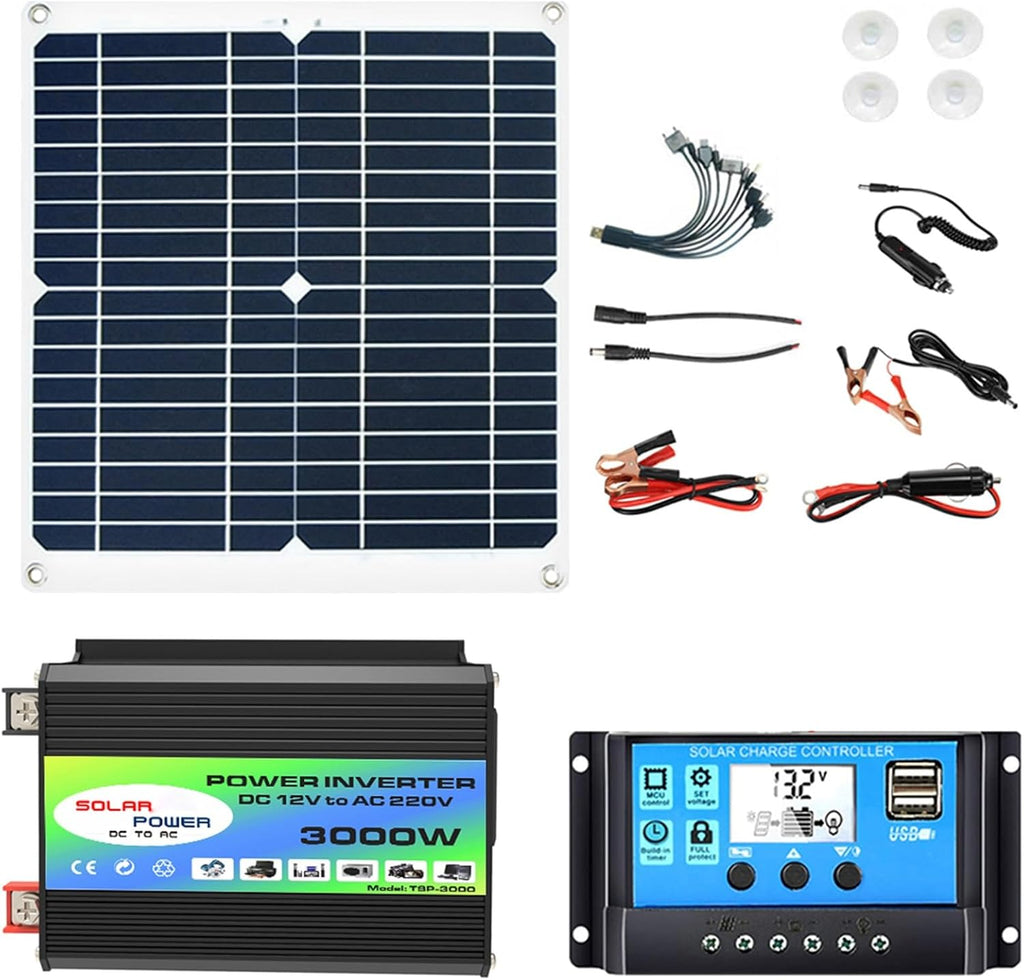 Solar Panel Kit with Inverter and Charge Controller - 50W 12V Off-Grid Solar Generator for Home, RV, Camping, 3000W Power Solution