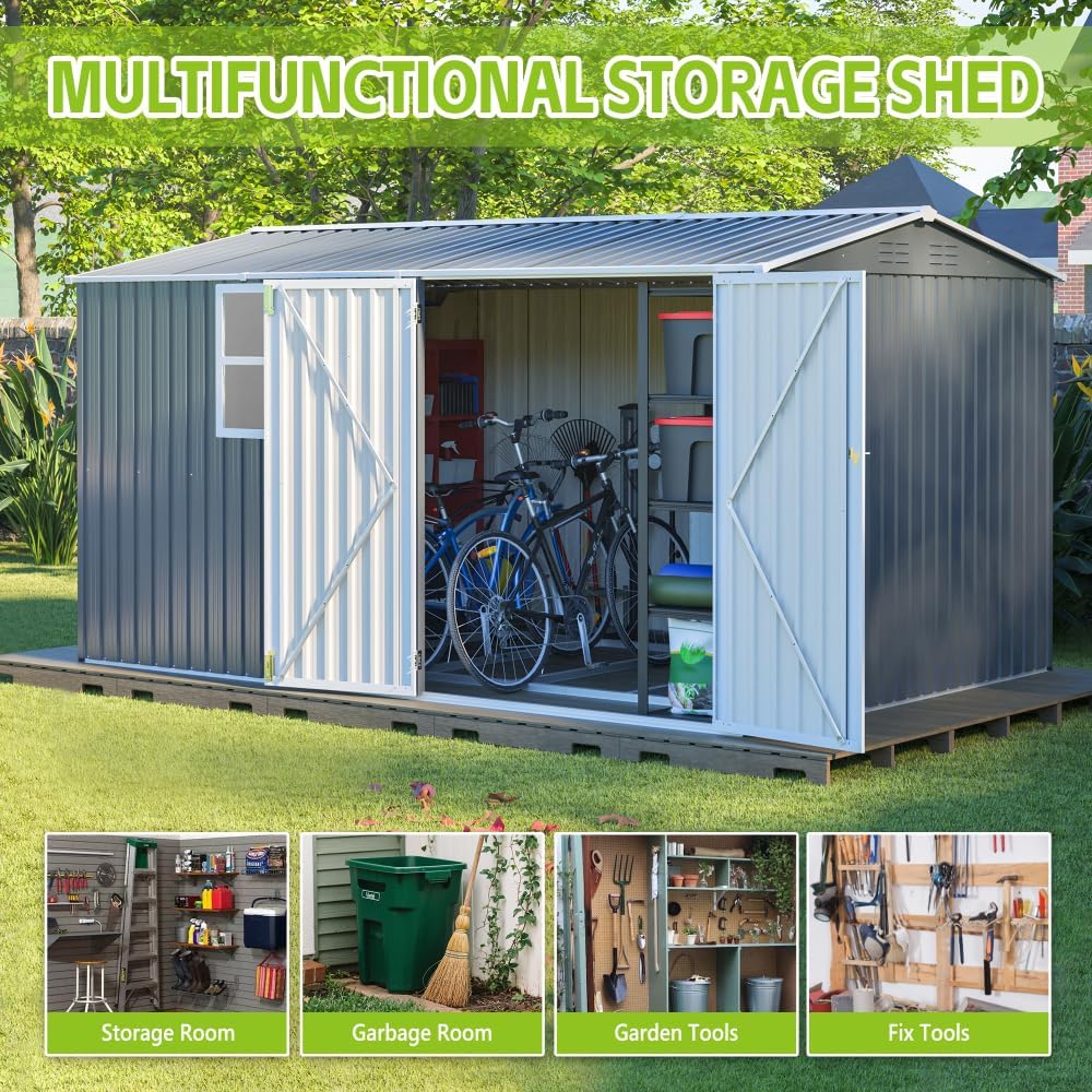 8x12 Ft Outdoor Storage Shed, XL Heavy-Duty Steel Building with Window, Hinged Gray Doors & 4 Air Vents, Reinforced for Backyard, Garden, Patio