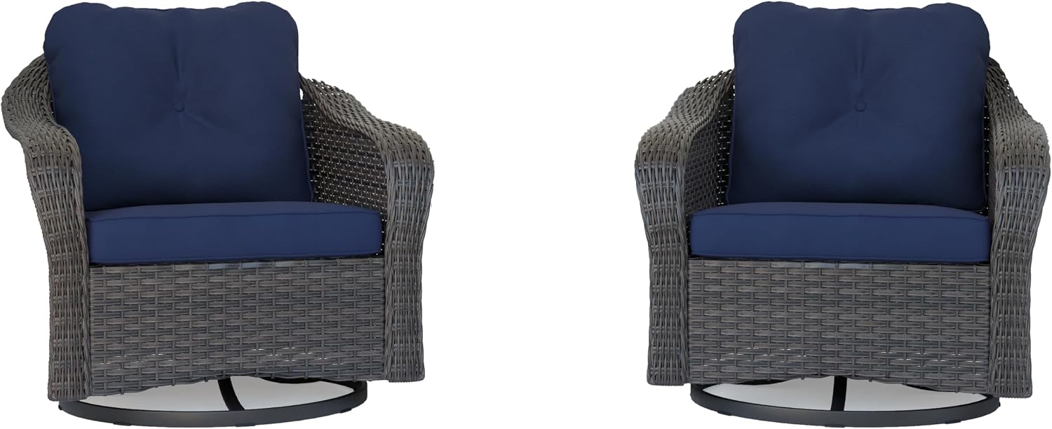 Wicker Swivel Rocking Chairs Set 2, Outdoor Brown Wicker Swivel Glider Chair Outdoor Rocking Chair with Water-Resistant Cushions, Blue