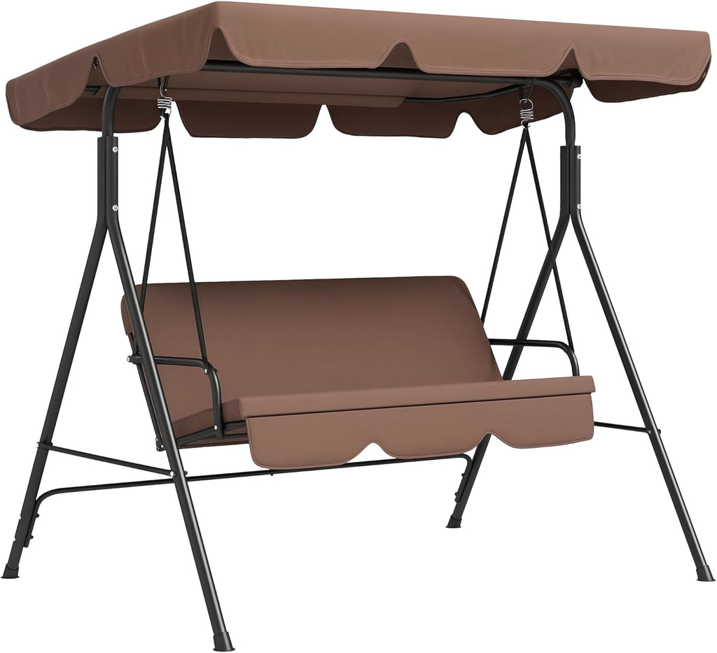 Outsunny 3-Seat Outdoor Patio Swing Chair with Removable Cushion, Steel Frame Stand and Adjustable Tilt Canopy for Patio, Garden, Poolside, Balcony, Backyard, Brown
