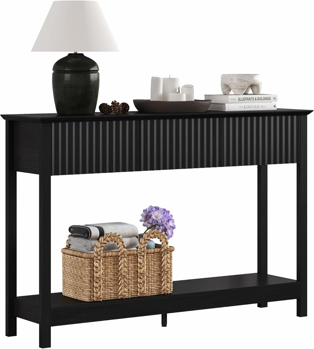 Treocho 47' Fluted Console Table with 3 Drawers, Narrow Long Entryway Table with Storage and Shelf, 2-Tier Sofa Table Behind Couch Accent Tables for Entrance Foyer, Hallway, Living Room, Black