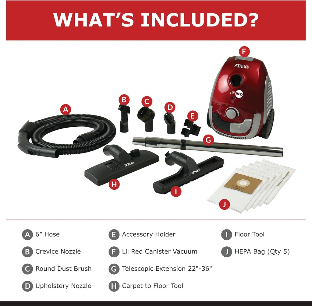 Atrix Red Lil Portable Canister Vacuum Cleaner – Premium Bundle with Extra Filters, Lightweight, 3-Stage HEPA Filtration, 2-Quart Bag, Variable Speed 1200W Motor, 16.5′ Auto-Retract Cord & Tools
