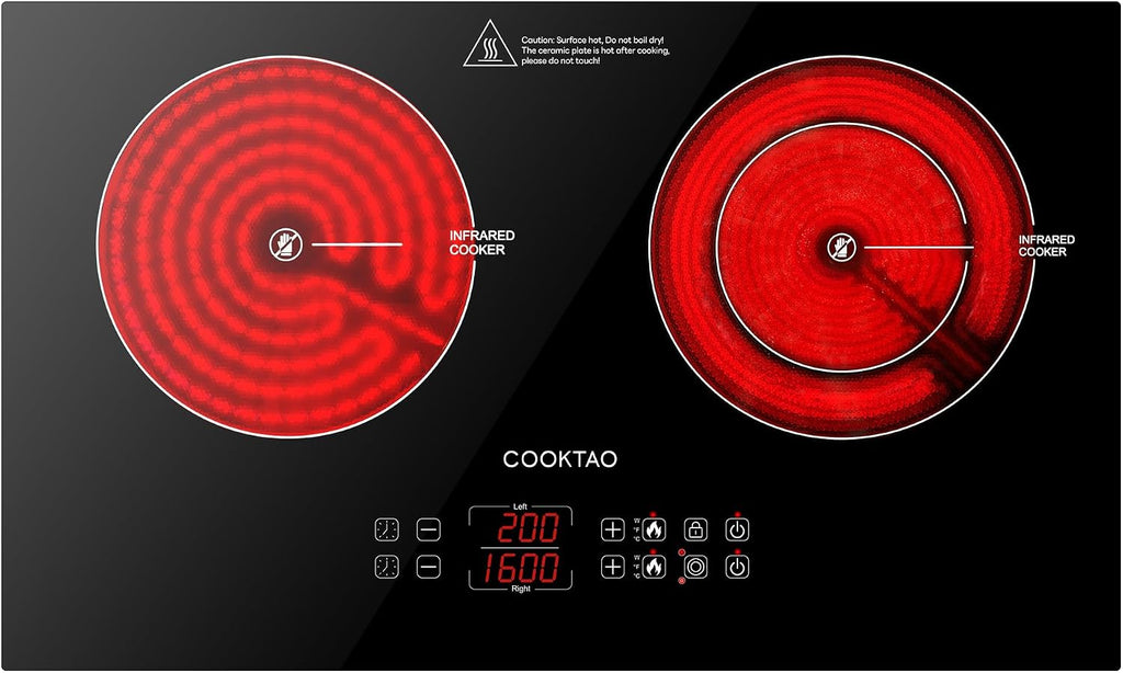 Dual Coils Design of Double Burner Electric Cooktop, 1800W Commercial Ceramic Infrared Cooking Hot Plate, Portable Countertop or 24in Built-in Radiant Stove Top Cooker with WATT n TEMP Heating Control