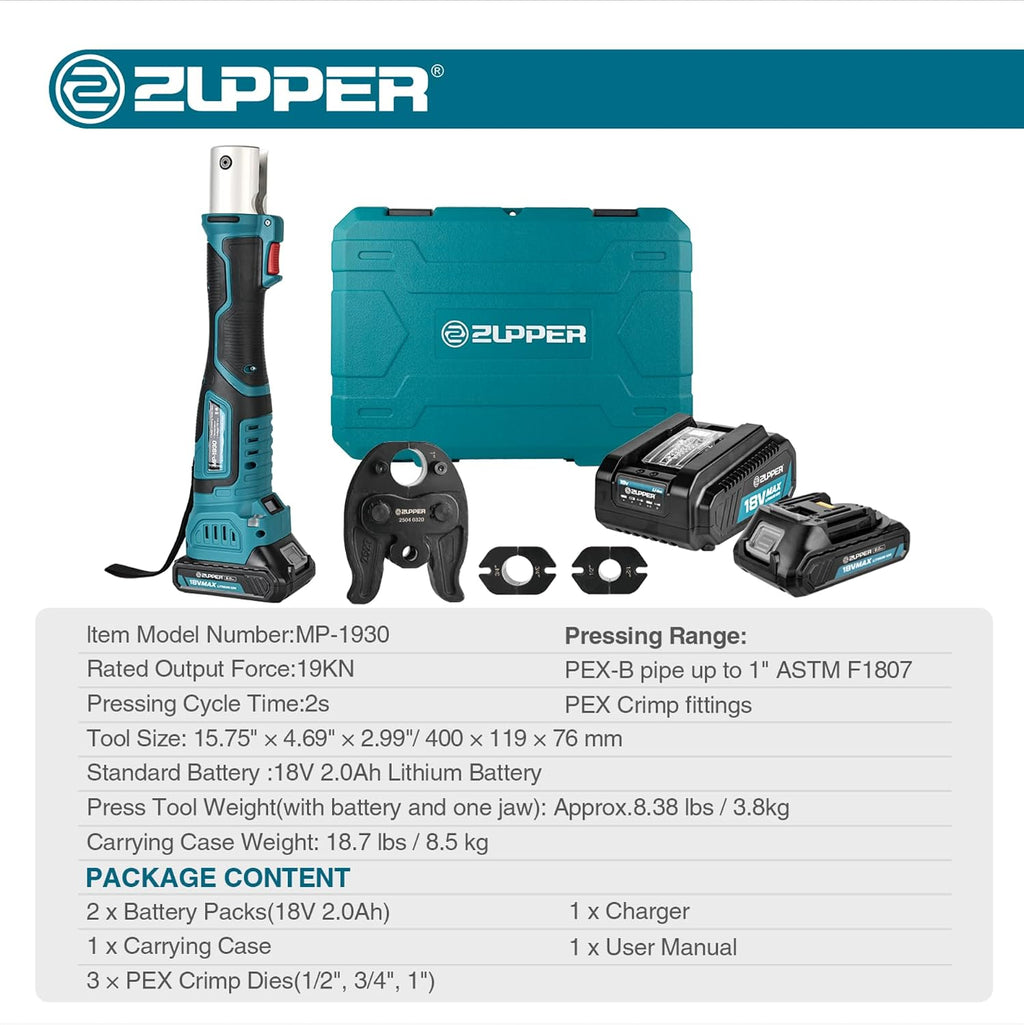 ZUPPER Mini Press Tool kit with 3 PEX Crimp Dies F1807 1/2', 3/4', 1', Brushless Motor, 2pcs Battery, Fast Charger & Carrying Case