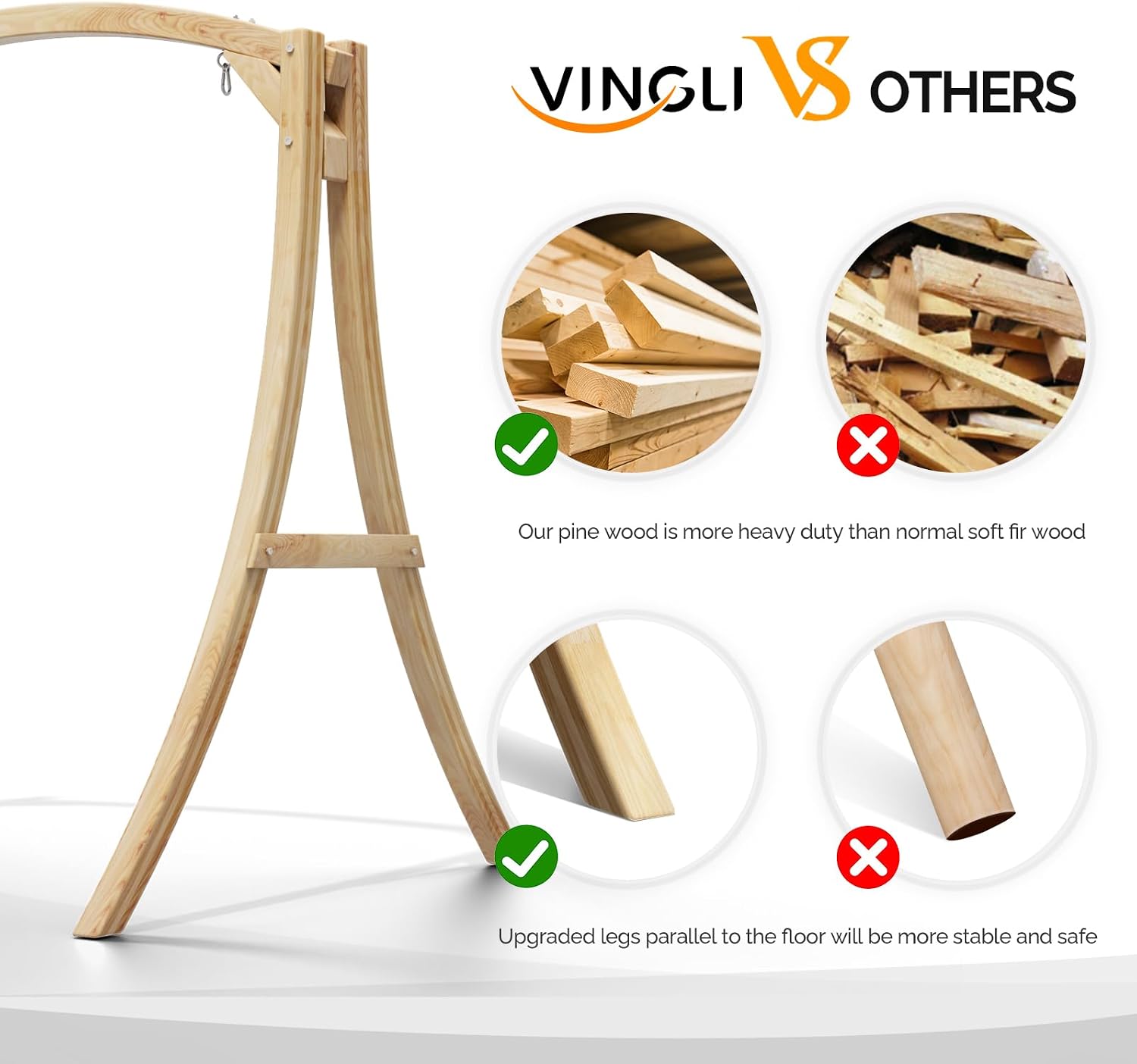 VINGLI 6.7FT Porch Swing Frame, 1000LBS Heavy Duty A-Frame Wooden Porch Swing Stand with Curved Arc Top for 5FT Porch Swing, Large Swing Hanger for Garden, Patio, Backyard & Indoor, Natural