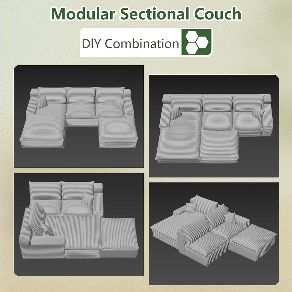 107' Cloud Couch Modular Sectional Sofa for Living Room, U-Shape Boneless Couch with Deep Seat, Modern Corduroy 3-Seater with Ottoman, No Assembly Required (Black,Left-Facing Chaise)
