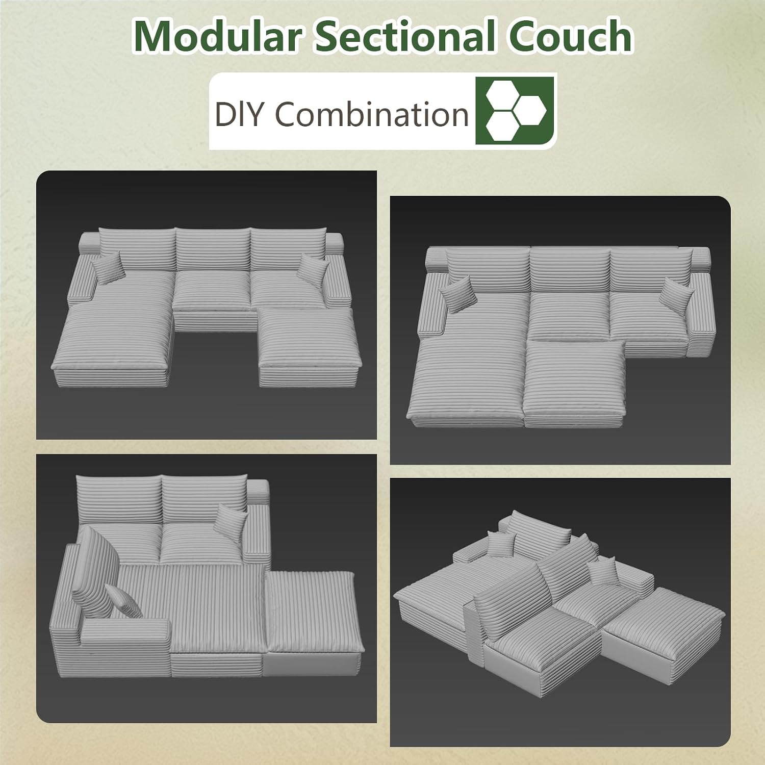107' Cloud Couch Modular Sectional Sofa for Living Room, U-Shape Boneless Couch with Deep Seat, Modern Corduroy 3-Seater with Ottoman, No Assembly Required (Black,Left-Facing Chaise)