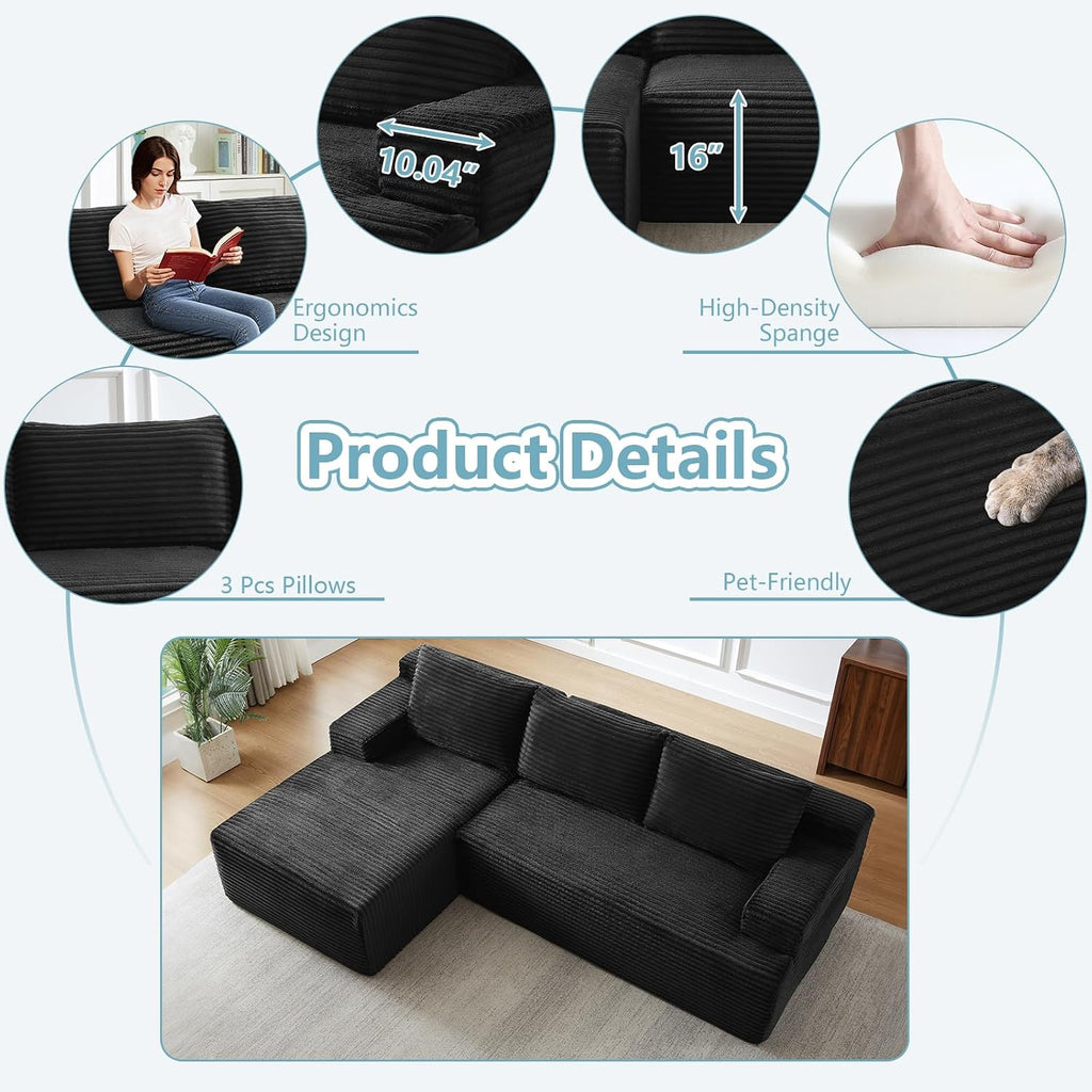 96' Cloud Sectional Couch with L-Shape Chaise, Modern Corduroy Boneless Couch for Living Room,Memory Foam Sofa with Deep Seat,No Assembly Required (Black,Left-Facing Chaise)