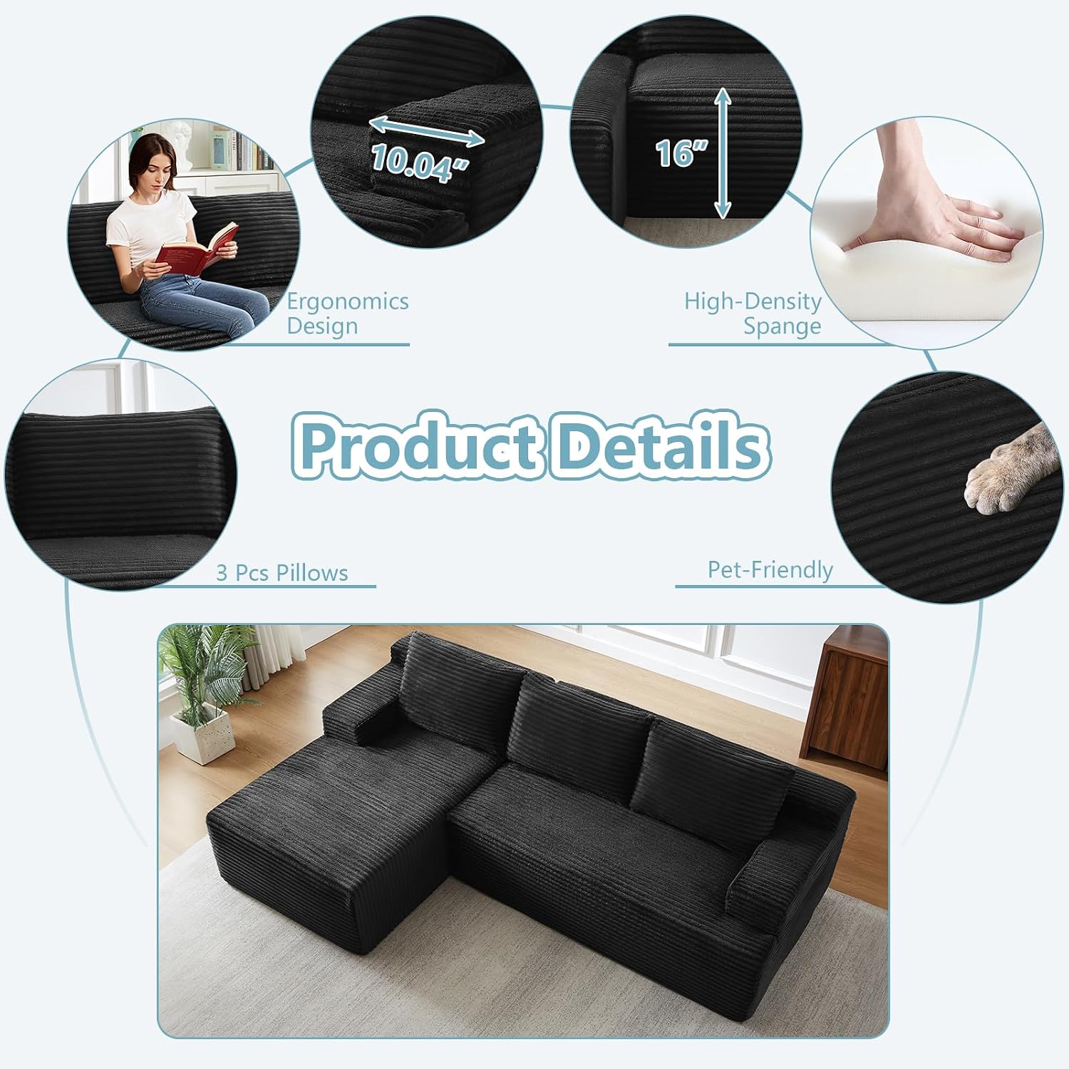96' Cloud Sectional Couch with L-Shape Chaise, Modern Corduroy Boneless Couch for Living Room,Memory Foam Sofa with Deep Seat,No Assembly Required (Black,Left-Facing Chaise)