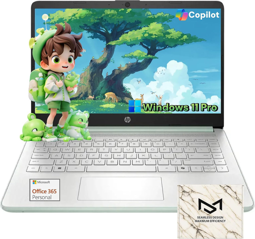 HP 14' Student Business Laptop - Win 11 Pro & 1-Year Office 365 • Intel Quad-Core N150(beats N4120) • HD Anti-glare Display • Wi-Fi 6 • Copilot+ PC • 16G RAM • 128G UFS + 256GB SD Card • w/Accessories