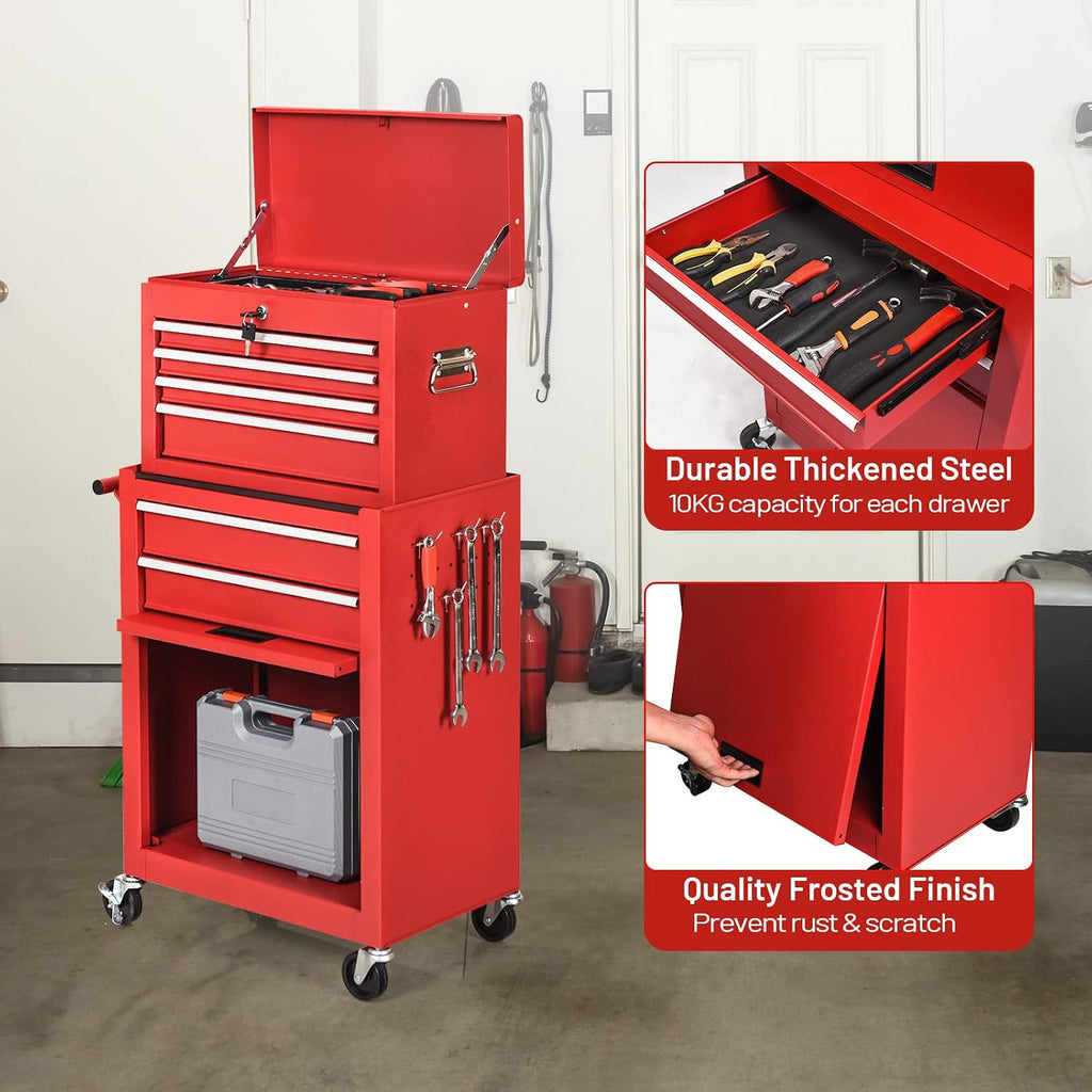 ERGOMASTER Rolling Tool Chest Cabinet Big Tool Storage Cabinet on Wheels and Lock System, Toolbox Organizer with Sliding Liner - 6-Drawers & Red