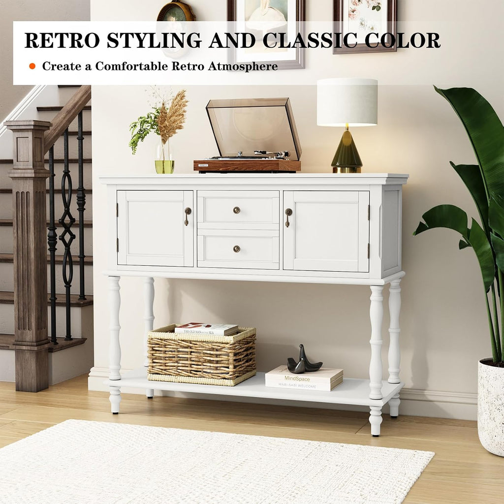 ARTPOWER Console Table with 2 Drawers, Retro Entryway Table with 2 Door Cabinets and Open Storage Shelf, Narrow Long Behind Couch Sofa Table for Living Room, Foyer, Hallway, White