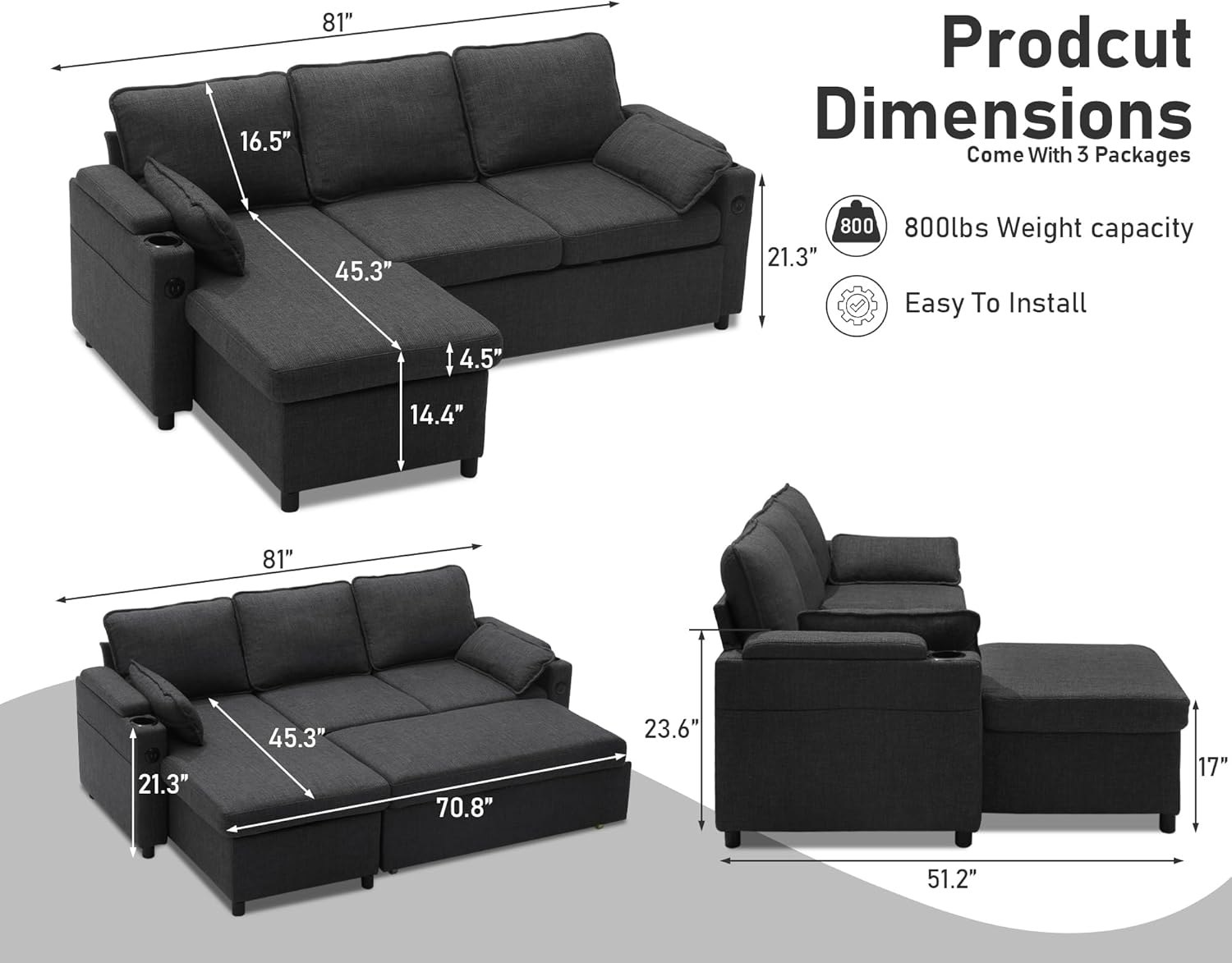DURASPACE Sofa Bed Sleeper Pull Out 2 in 1 Sectional Sleeper Sofa Couches with Storage,USB, Cup Holder,Pullout Sectional Couches for Apartment Living Room (Dark Gray)