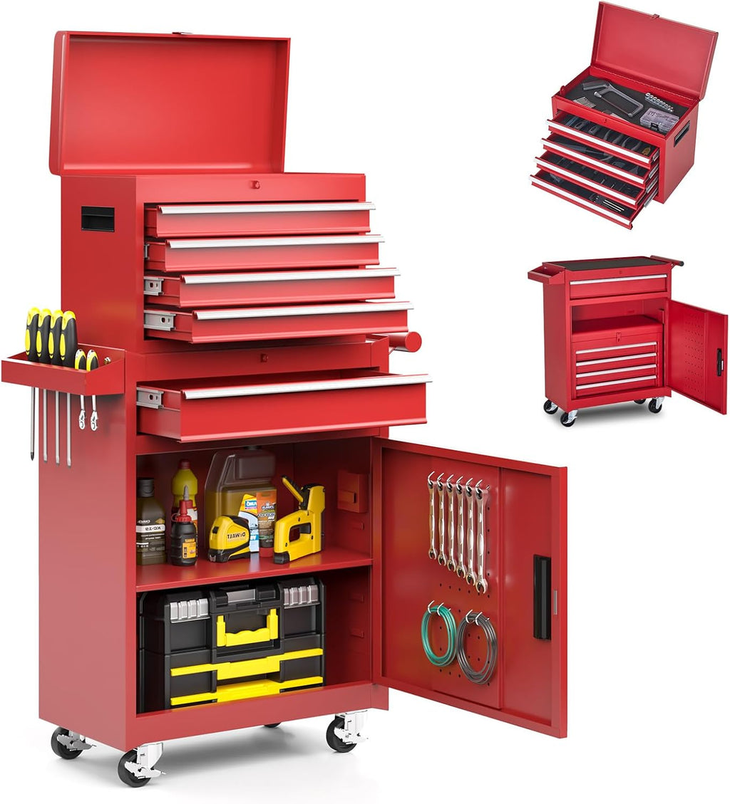 AirWire 5-Drawer Tool Chest, Rolling Tool Storage Cabinet with Detachable Top Tool Box, Enhanced Packaging, Metal Tool Cart for Garage Workshop, Red