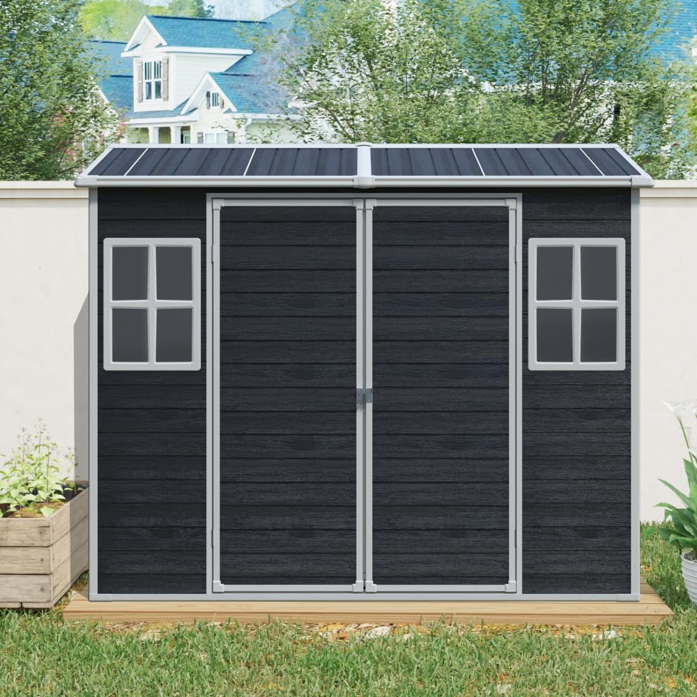 8x4FT Resin Garden Shed - Plastic Lean to Shed with Floor, Lockable Outdoor Storage Sheds for Patio Yard, Outdoor Shed with Floor Included (Black)