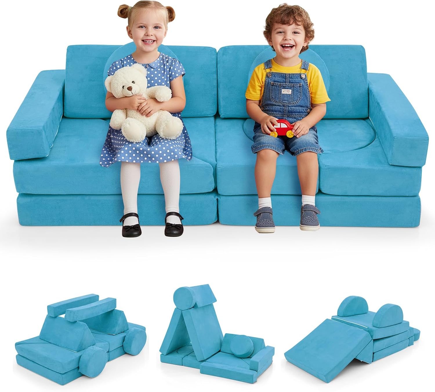 Costzon 14 PCS Modular Kids Play Couch, Child Sectional Sofa, Versatile Toddler Soft Building Blocks Sofa Playset for Playroom Bedroom, Convertible Foam and Floor Cushion for Boys Girls Gifts (Blue)