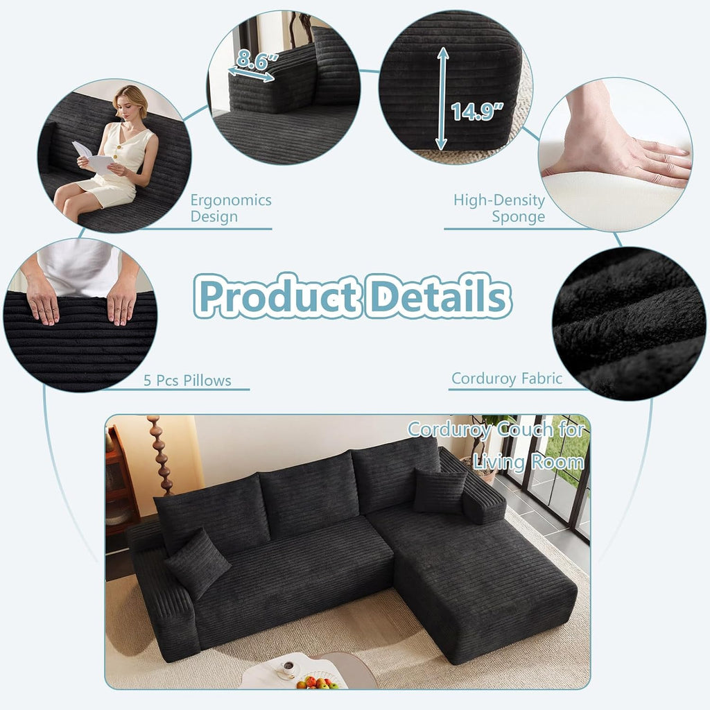 95' Cloud Sectional Couch with L-Shape Chaise, Modern Corduroy Boneless Couch for Living Room,Memory Foam Sofa with Deep Seat,No Assembly Required (Black,Right-Facing Chaise)