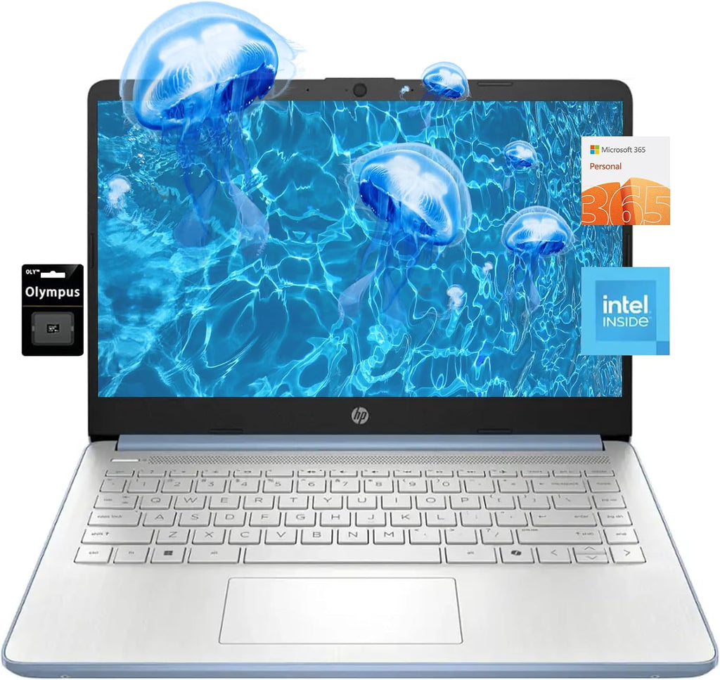 HP 14' HD Student Business Laptop, Intel Quad-Core N4120, 8GB RAM, 384GB Storage, (128GB eMMC+256GB SD Card), 1 Year Office 365, Slim Design, Webcam, HDMI, Bluetooth, WiFi, Win 11 S, Blue