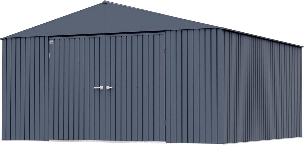 Arrow Shed Elite 14' x 14' Tall Outdoor Steel Storage Shed with High Gable and Lockable Doors Storage Building, Anthracite