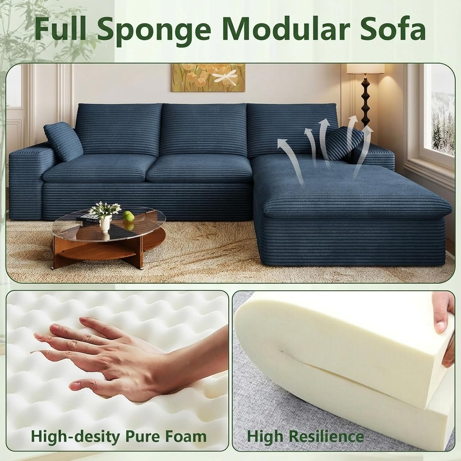 107' Cloud Couch Modular Sectional Sofa for Living Room, L-Shape Boneless Couch with Deep Seat, Modern Corduroy 3-Seater, No Assembly Required (Blue,Right-Facing Chaise)