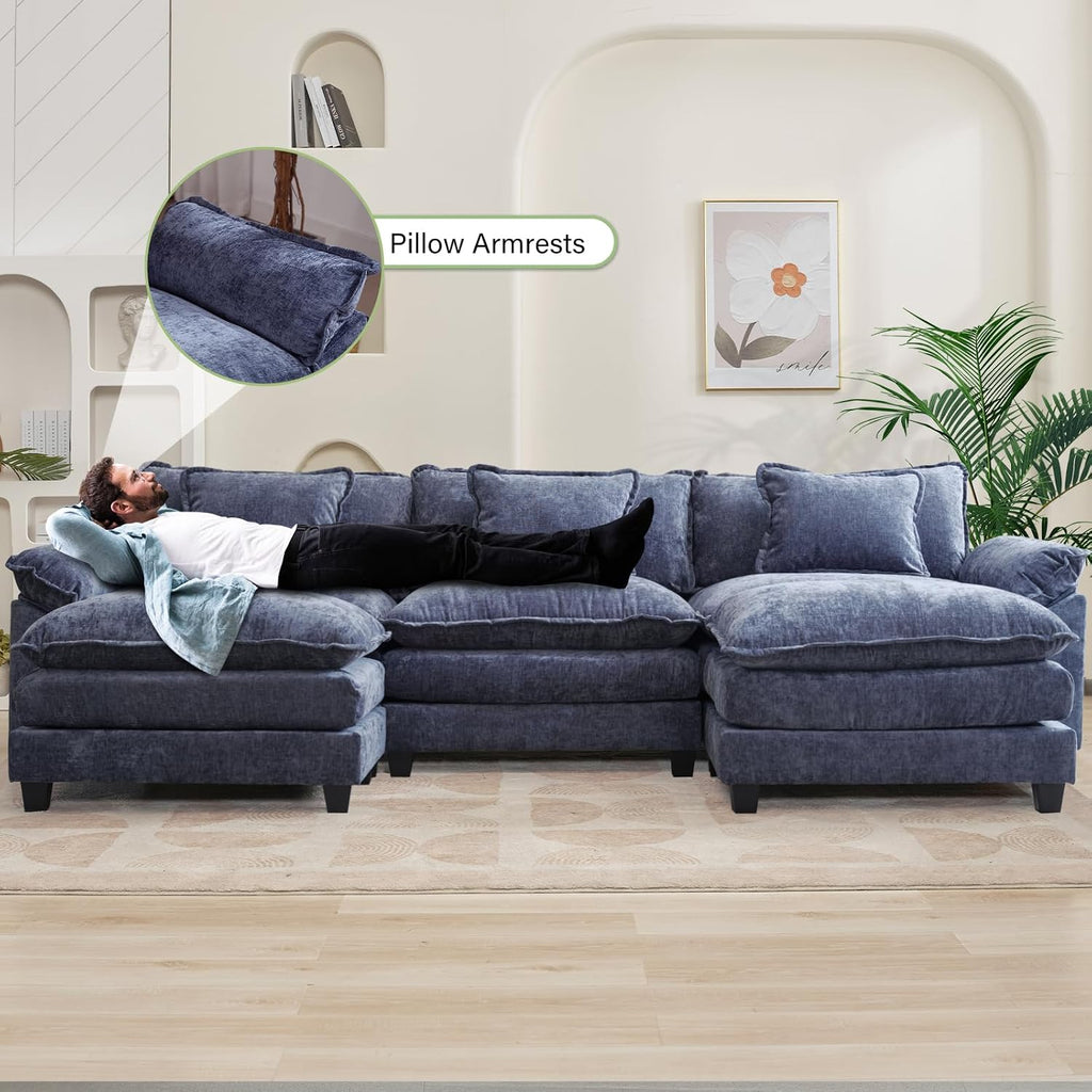 Oprisen 120' Modular Sectional Sofa, Comfy Cloud Couch Sectional Sofa with Ottoman, Chenille Sofa Sleeper Deep Seat Sofa with Throw Pillows for Living Room (Blue, 120'- U Shape)