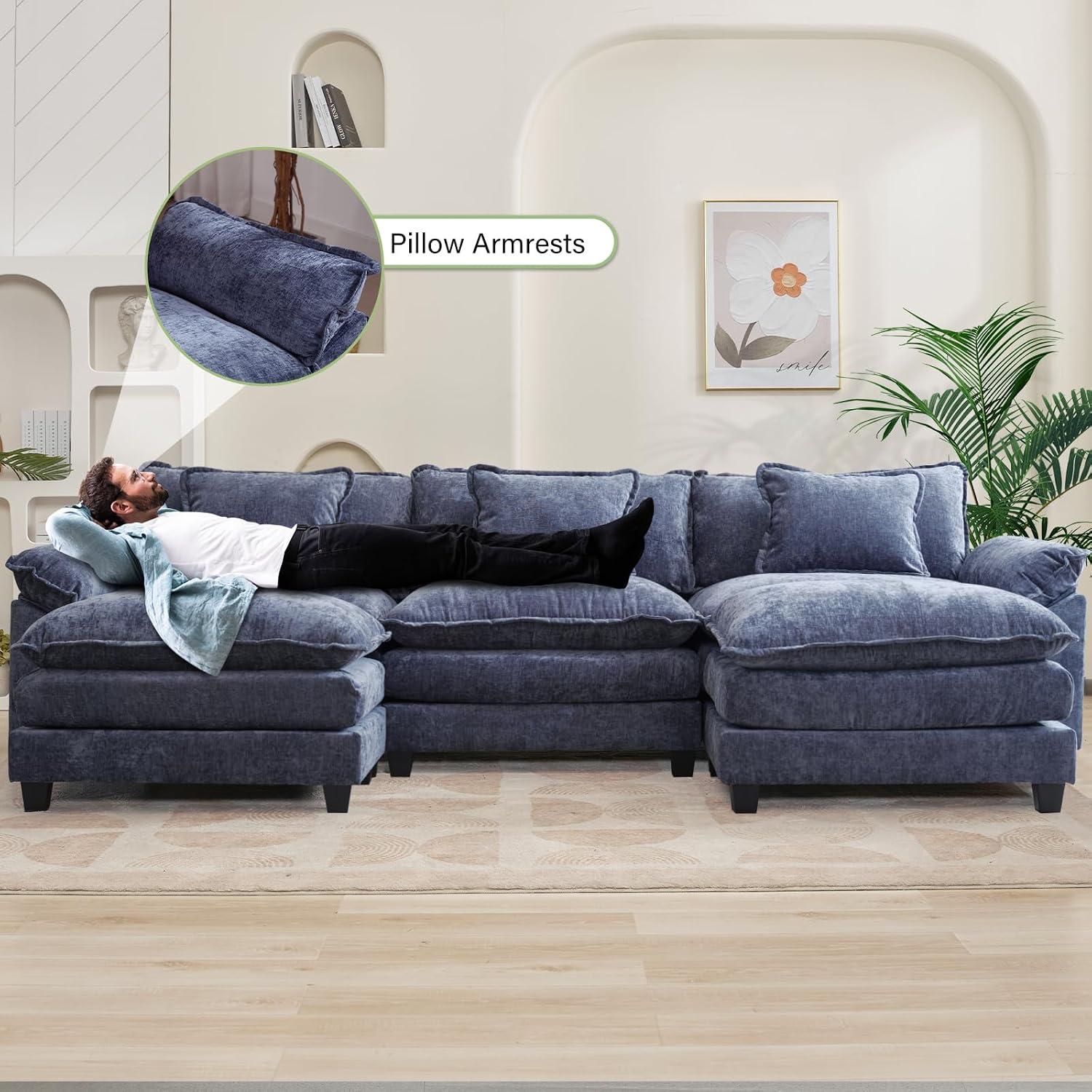 Oprisen 120' Modular Sectional Sofa, Comfy Cloud Couch Sectional Sofa with Ottoman, Chenille Sofa Sleeper Deep Seat Sofa with Throw Pillows for Living Room (Blue, 120'- U Shape)