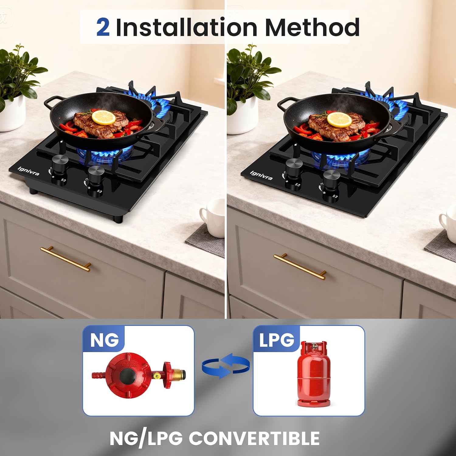 Gas Cooktop 2 Burner,12000W Built-in Gas Stove, Black Crystal Tempered Glass Propane Cooktop, 20.08x12.2' Top Propane Stove Indoor LPG/NG Dual Fuel Hob for Apartment Kitchen RV