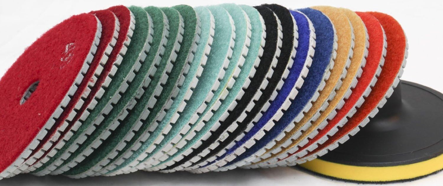 Diamond Polishing Pads 4' inch Wet/Dry Set of 22+1 Backer Grit 50 Pad Best Value Granite Concrete Marble Glass Terrazzo Lapidary fits secco Stadea SPTA hardin damo wet polisher dewalt grinder