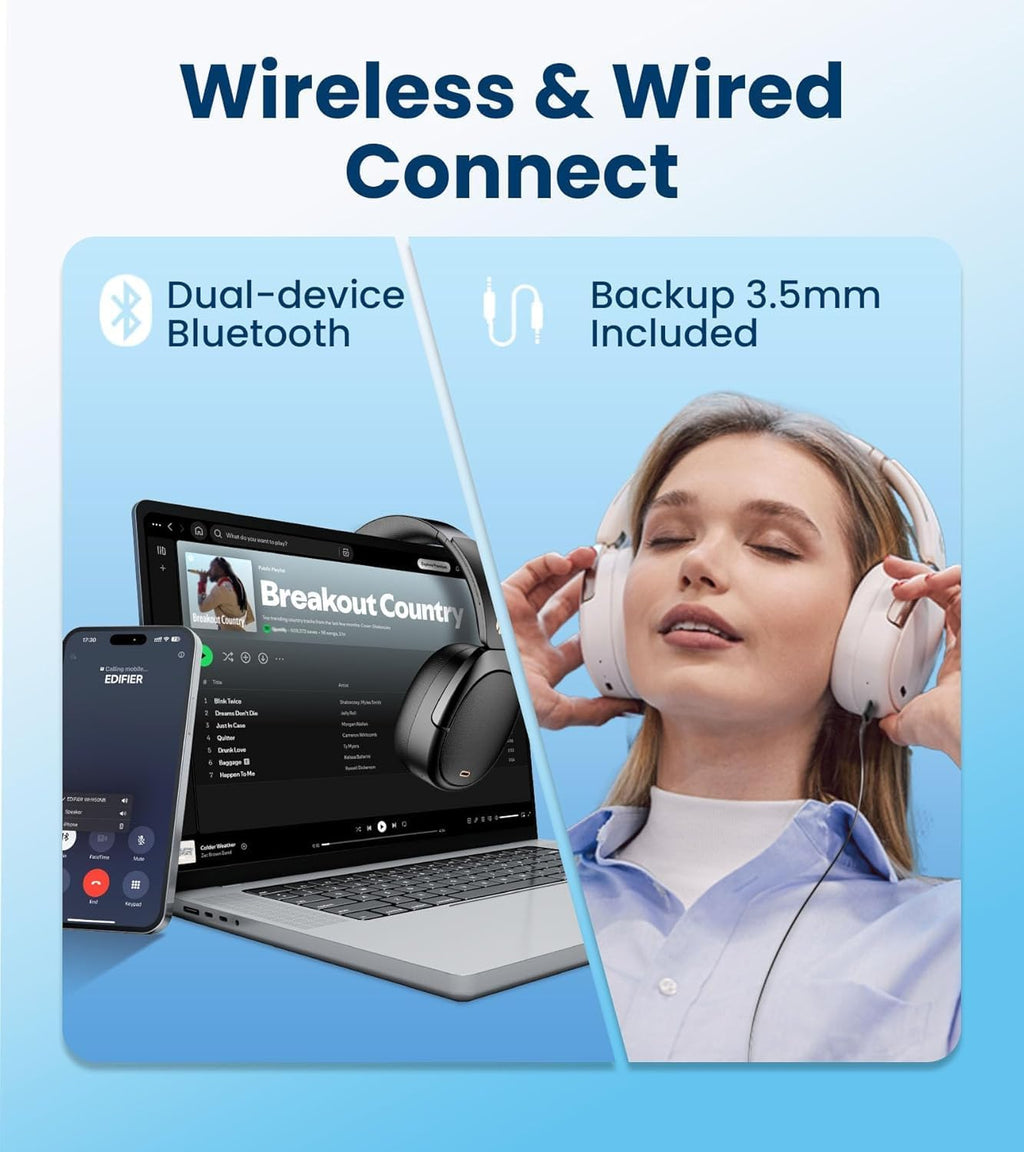 Edifier WH950NB Gen 2 Wireless Hybrid Active Noise Cancelling Headphones, Hi-Res Audio with LDAC 8-Level ANC, Spatial Sound 80H Playtime Bluetooth 5.4 Foldable 3.5mm AUX, Travel Case - Black