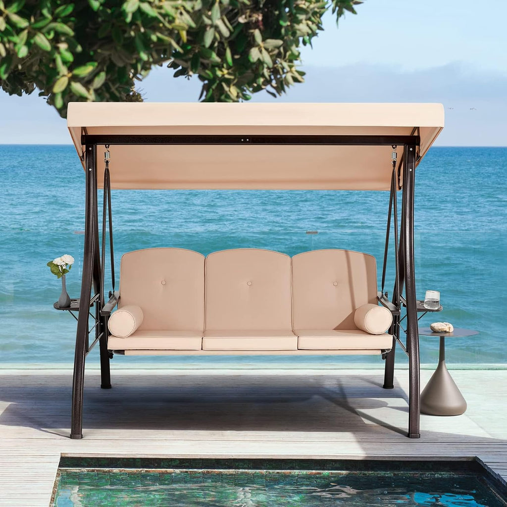 HOMREST 3 Person Outdoor Porch Swing with 1.5' Upgraded Cup Holder, Adjustable Canopy, Backrest, Patio Swing Bed with Weather Resistant Steel Frame, Cushions for Garden,Deck and Poolside(Khaki)