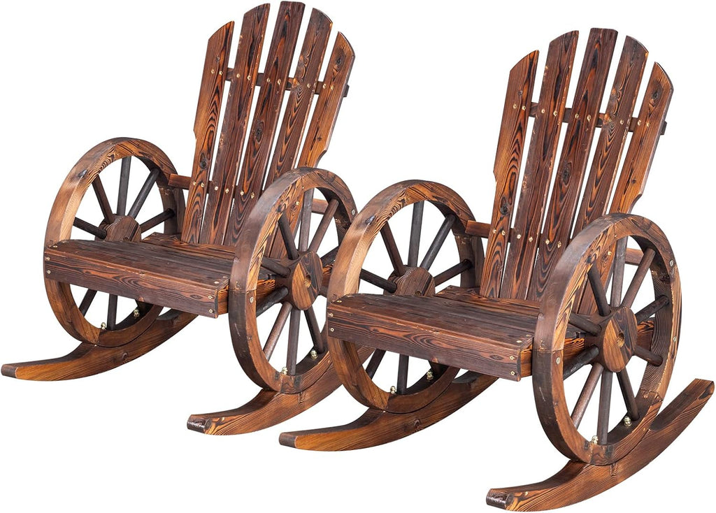 Outvita Adirondack Rocking Chair Set of 2, Wood Wagon Rocker, Outdoor Wooden Carbonized Lounge Chairs with Wheel Armrest for Garden Patio Country Yard Porch, Fir