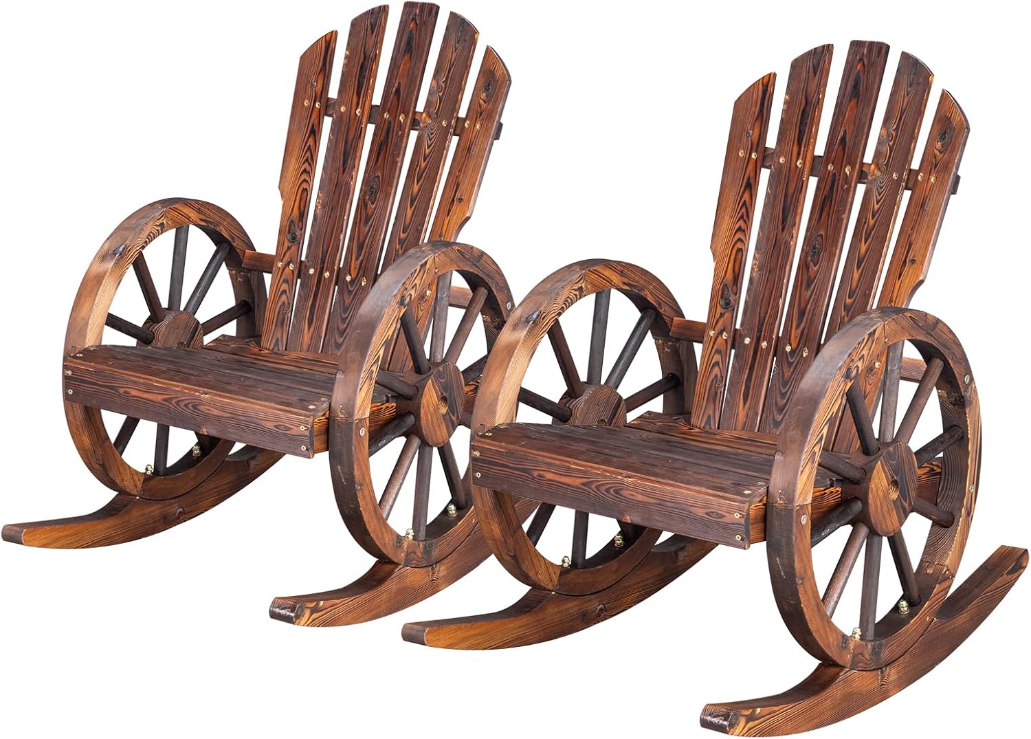 Outvita Adirondack Rocking Chair Set of 2, Wood Wagon Rocker, Outdoor Wooden Carbonized Lounge Chairs with Wheel Armrest for Garden Patio Country Yard Porch, Fir