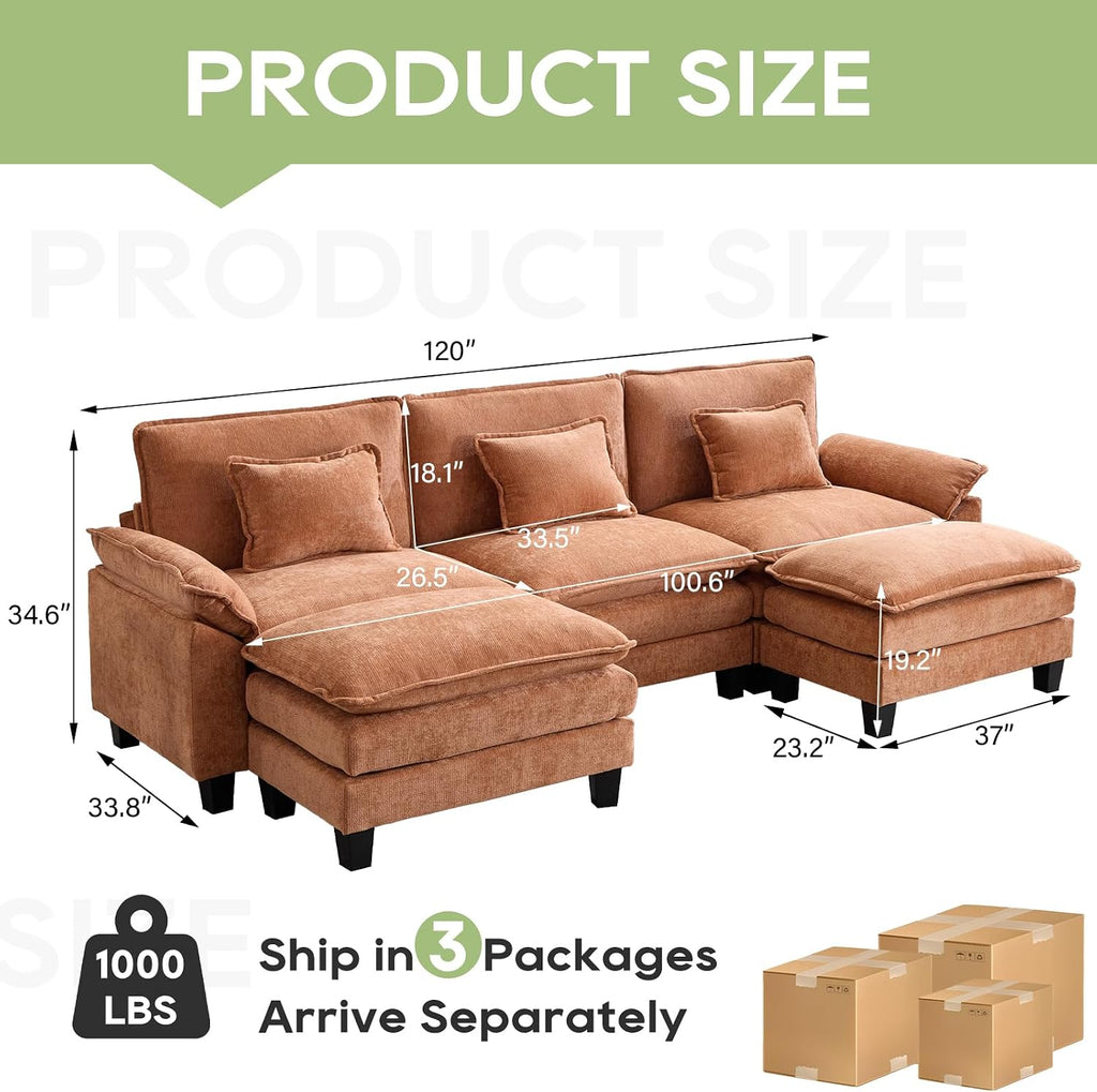 Oprisen 120' Modular Sectional Sofa, Comfy Cloud Couch Sectional Sofa with Ottoman, Chenille Sofa Sleeper Deep Seat Sofa with Throw Pillows for Living Room (Orange, 120'- U Shape)