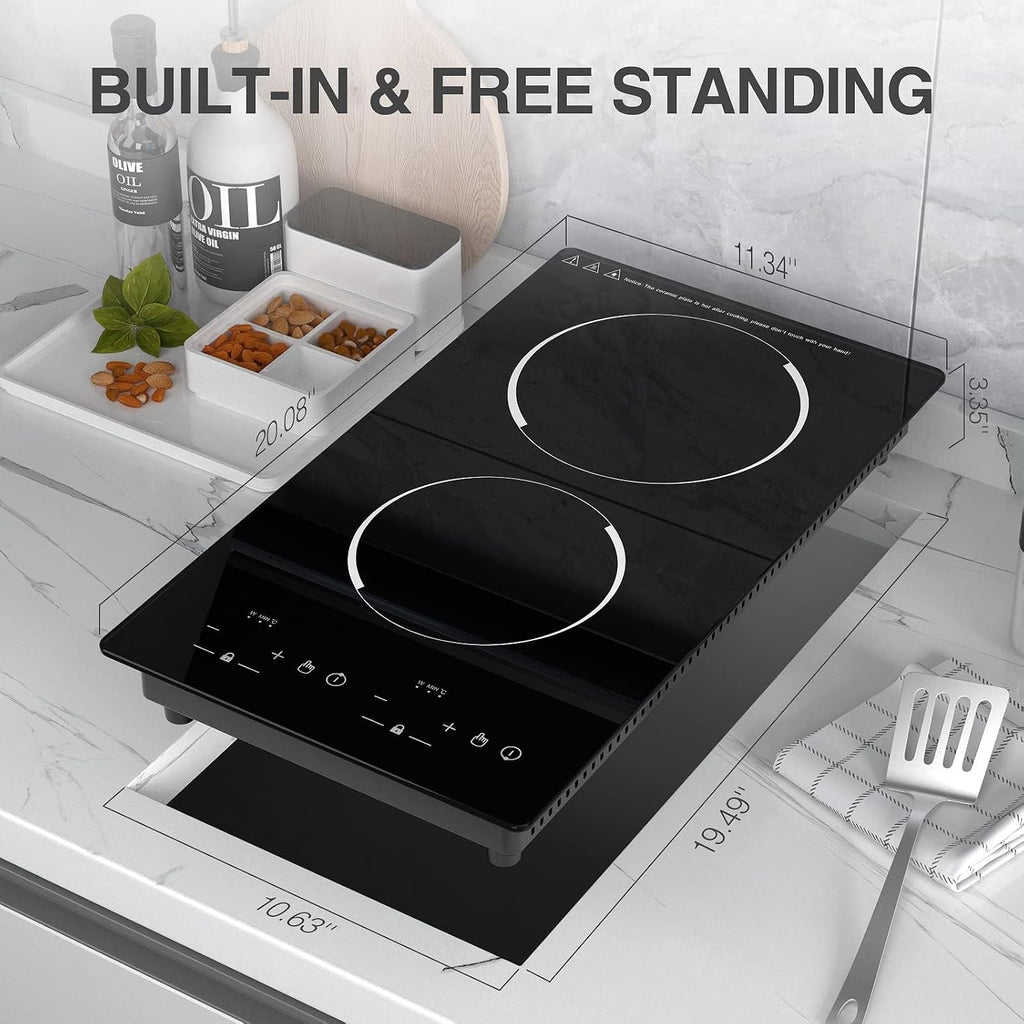 Double Induction Cooktop, WABK 2300W 2 burner Induction Cooker Cooktop, 110V Countertop & Built-in Electric Cooktop with Hot Plate, LED Touch Screen & 9 Power Levels, 2-Hour Timer and Child Lock