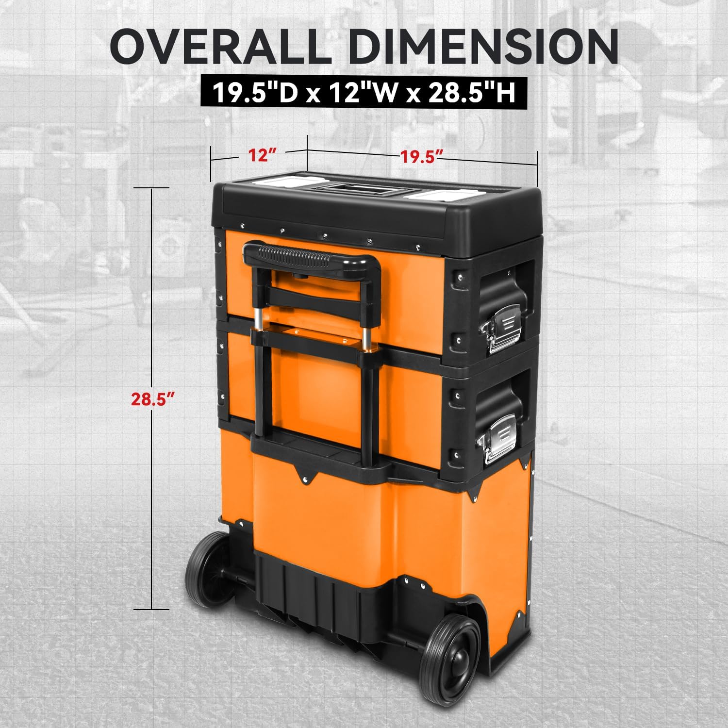 Auto Dynasty Stackable Tool Box 3-Tier Tool Separate Organizer Rolling Tool Chest with Wheels 3-in-1 Upright Trolley for Garage or Workshop, Orange