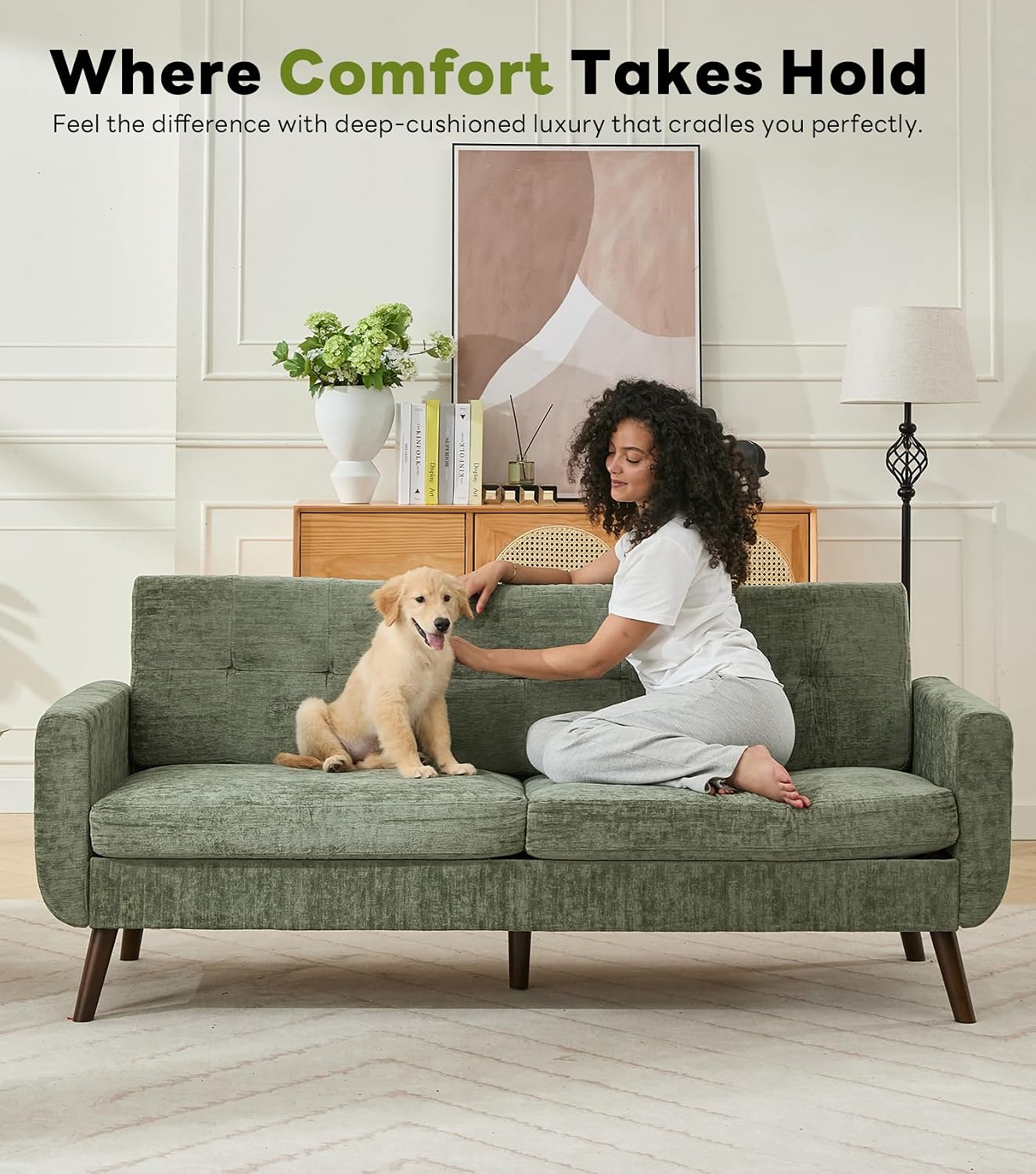 Tbfit 77.2' W Linen Sofa Couch, Mid Century Modern Decor Loveseat Couches for Living Room, Button Tufted Upholstered Small Couch for Bedroom, Solid, and Easy to Install Love Seats Furniture, Green