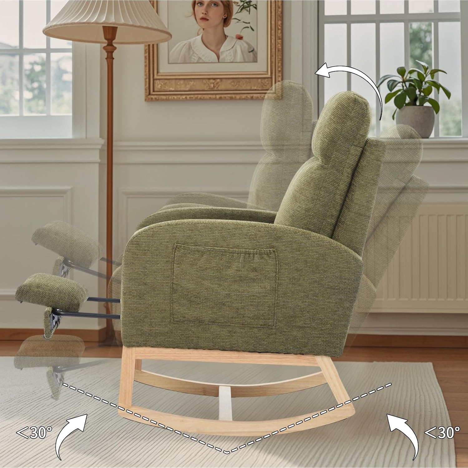 Rosevera Nursery Rocking Chair with Adjustable Footrest for Living Room - Teddy Fabric, Solid Wooden Legs, Comfortable Lounge Armchair with High Backrest and Side Pockets (Contemporary, Cyan-1 line)
