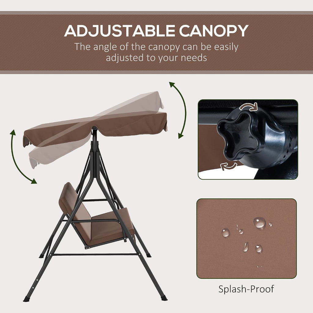Outsunny 3-Seat Outdoor Patio Swing Chair with Removable Cushion, Steel Frame Stand and Adjustable Tilt Canopy for Patio, Garden, Poolside, Balcony, Backyard, Brown