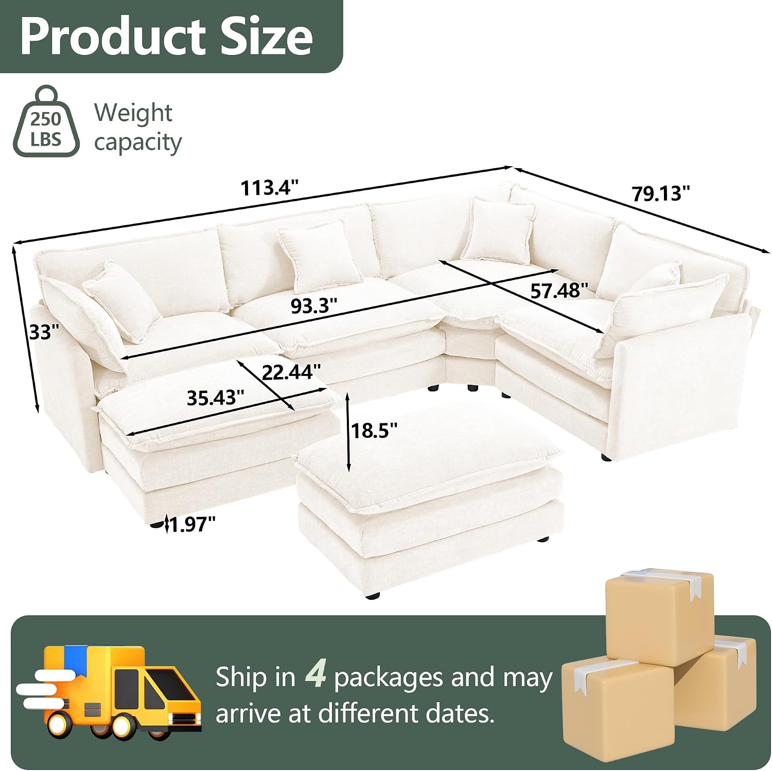 GNIXUU Oversized Modular sectional Sofa, Chenille Large Cloud Sectional Couches for Living Room, Convertible Deep 6 Seater L Shaped Couch with Ottoman for Living Room, Beige White