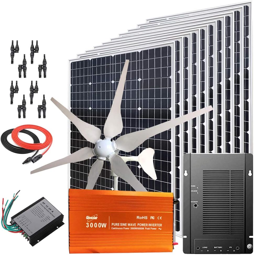 1600W Wind Solar Generator Kit with 3000W Inverter: 400W Wind Turbine(6 Blades) + 10PCS 120W Mono Solar Panels + MPPT Charge Controller + Accessories (1600W kit with 3000W Inverter, for 24V System)