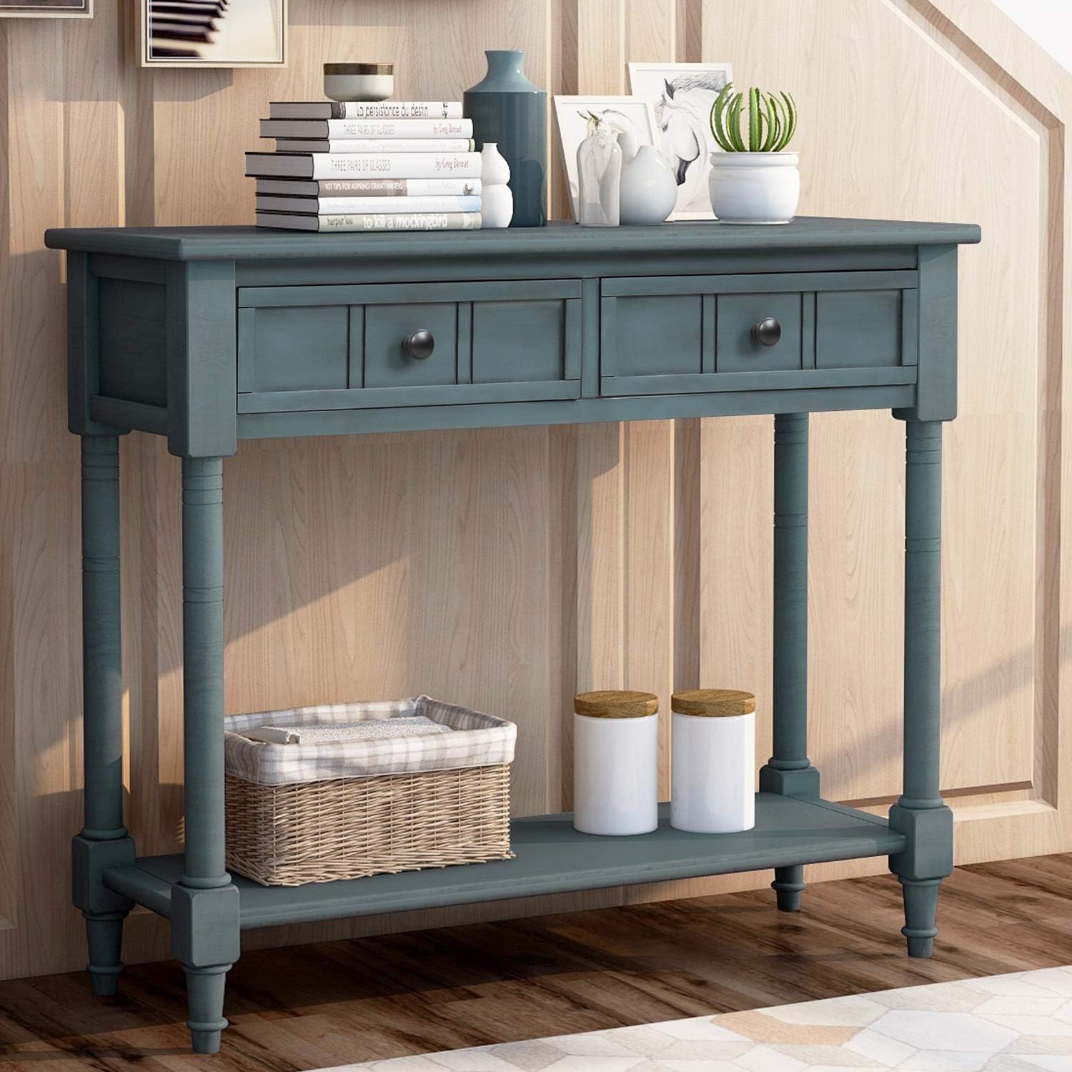 Bellemave Console Table with Drawers, Retro Entryway Table with 2 Drawers and Open Storage Shelf, Narrow Long Sofa Table, Behind Couch Table for Living Room, Foyer and Hallway,Navy