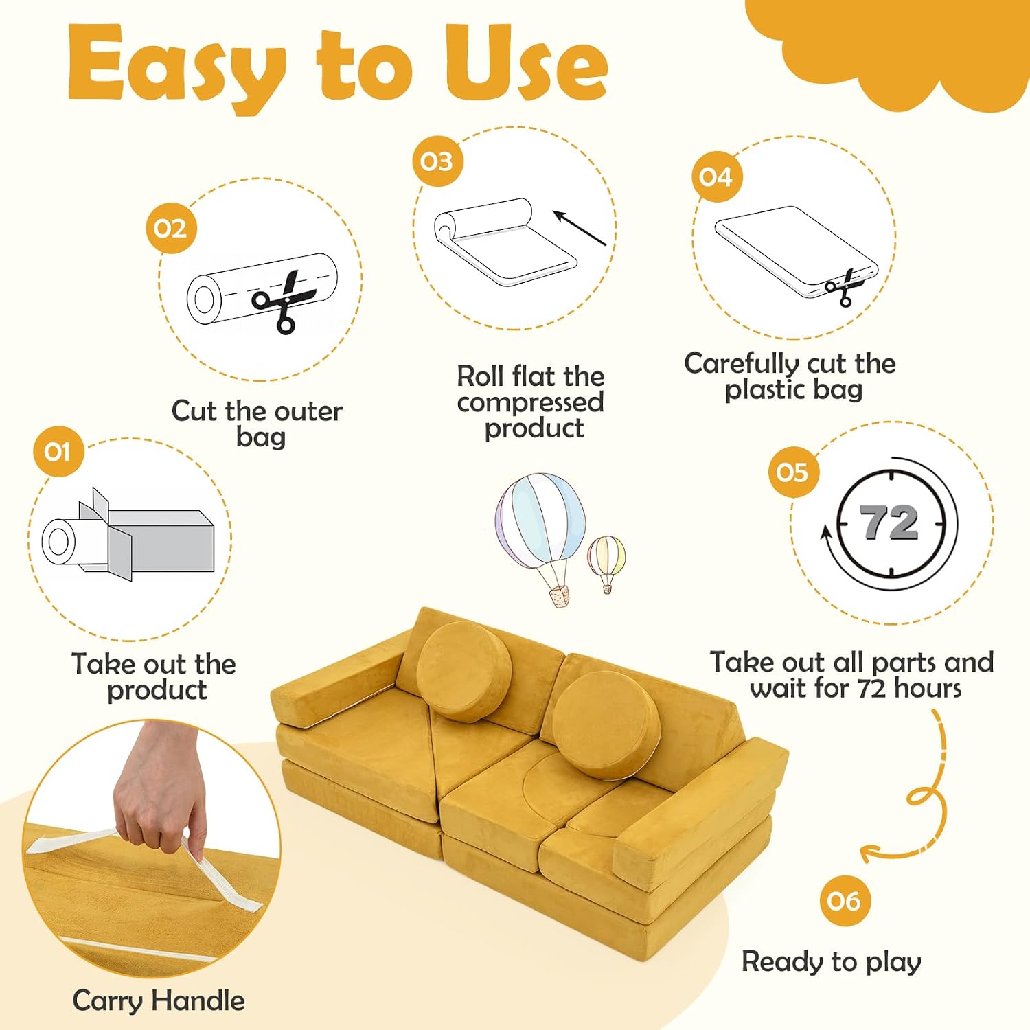 Costzon 14 PCS Modular Kids Play Couch, Child Sectional Sofa, Versatile Toddler Soft Building Blocks Sofa Playset for Playroom Bedroom, Convertible Foam and Floor Cushion for Boys Girls Gifts (Yellow)