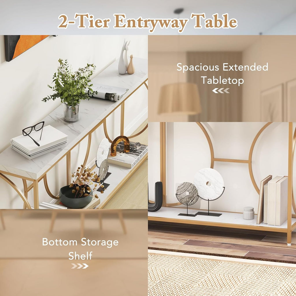 Giantex 71' Console Table, 2-Tier Extra-Long Gold Entryway Table w/Storage Shelf, Faux Marble Top, Narrow Sofa Table with Geometric Frame, Behind Couch Entry Table for Living Room, Hallway, Foyer