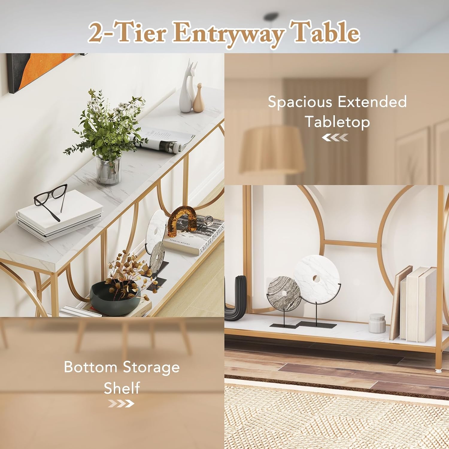 Giantex 71' Console Table, 2-Tier Extra-Long Gold Entryway Table w/Storage Shelf, Faux Marble Top, Narrow Sofa Table with Geometric Frame, Behind Couch Entry Table for Living Room, Hallway, Foyer